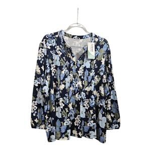 NWT Lands' End Womens 2X Blouse Top L/S Elastic Cuffs Stretch Floral Pintucking